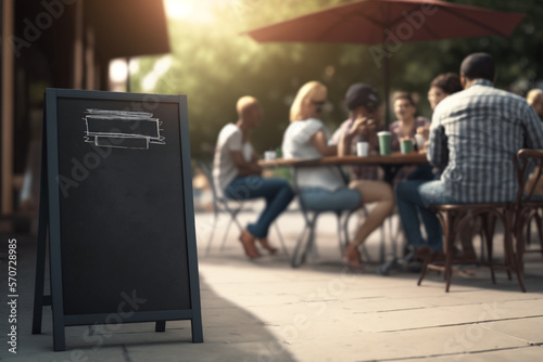 Mockup blank chalkboard menu, for restaurant, coffe shop, bar, copy space, in a terrace with blurred people in background, generative ai