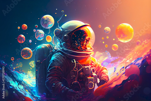 Colourful spray paint art space scene of an astronaut in deep coloured space clouds within an abstract setting, Generative AI
