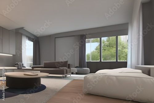 Apartment interior panorama 3d render, minimalist, pastel color tone © Cicero