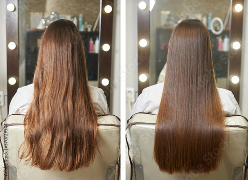 Konstfotografi Demonstration and comparison of hair before and after treatment, straightening a