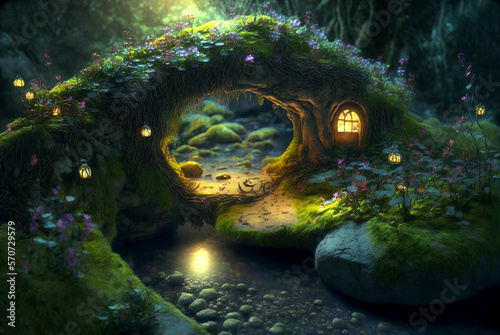 Fantasy fairy house scene AI Generative 