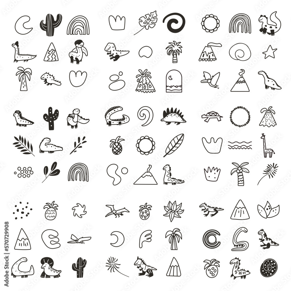 doodle set with dinosaurs, flower, volkano, palm doodle set with dinosaurs, flower, volkano, palm