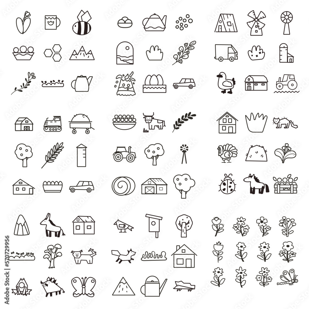 farm doodle set with animals, tractor, barn