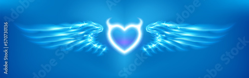 Devil heart with horns and wings on blue background. Glowing fantasy, Happy Valentines day illuminated. Imp glowing fantasy, Luxury greeting card. Glow Halloween art illumination. Vector