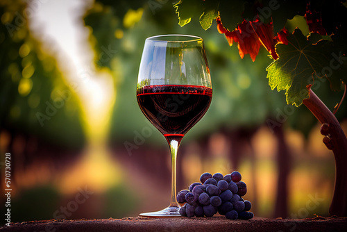 Glass of red wine with vine branches in vineyard. Wine With Grapes on vine landscape in France. Drink grape in agriculture farm. Wine harvest season in vineyard. Farmer winegrower or winemaker.