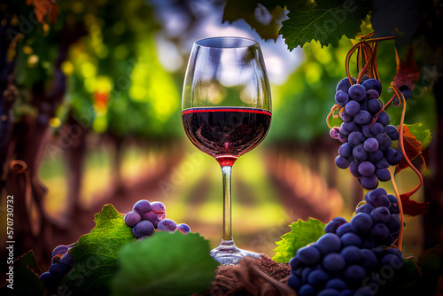 Glass of red wine with vine branches in vineyard. Wine With Grapes on vine landscape in France. Drink grape in agriculture farm. Wine harvest season in vineyard. Farmer winegrower or winemaker. photo