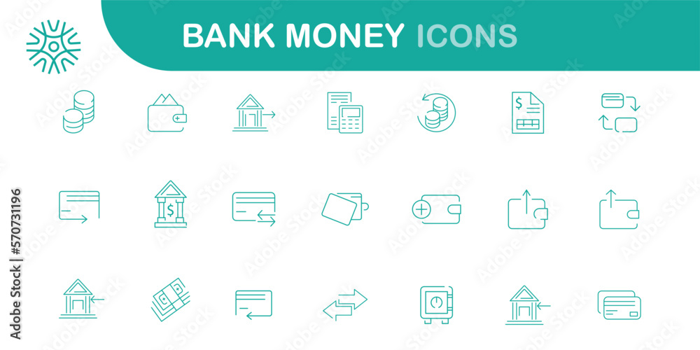 finance and money outline line black icons set. Finance line icons set. Money payments elements outline icons collection. Payments elements symbols. Currency, money, bank, cryptocurrency, check vector