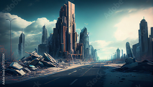 A postapocalyptic ruined city, destroyed buildings in a modern city after apocalypse, generative ai