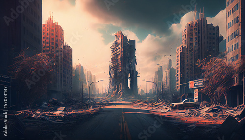 A postapocalyptic ruined city, destroyed buildings in a modern city after apocalypse, generative ai