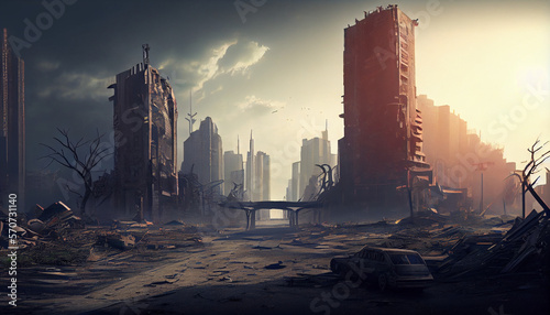 A postapocalyptic ruined city, destroyed buildings in a modern city after apocalypse, generative ai