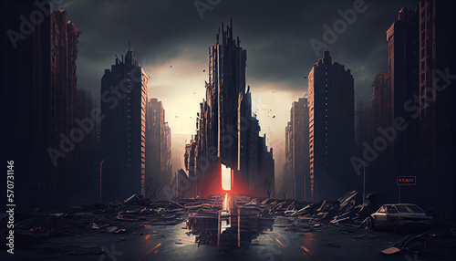 A postapocalyptic ruined city, destroyed buildings in a modern city after apocalypse, generative ai
