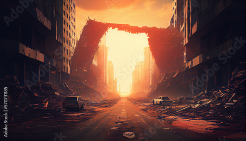 A postapocalyptic ruined city, destroyed buildings in a modern city after apocalypse, generative ai