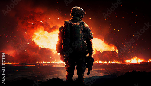 A solder looking at a burning battlefield, generative ai