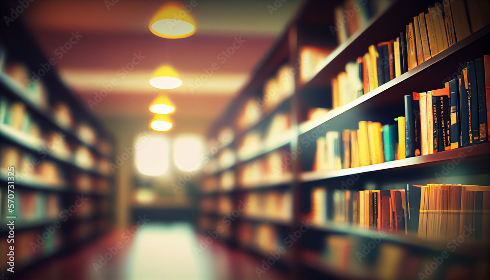 Abstract blurred empty college library interior woth books in shelfs, generative ai