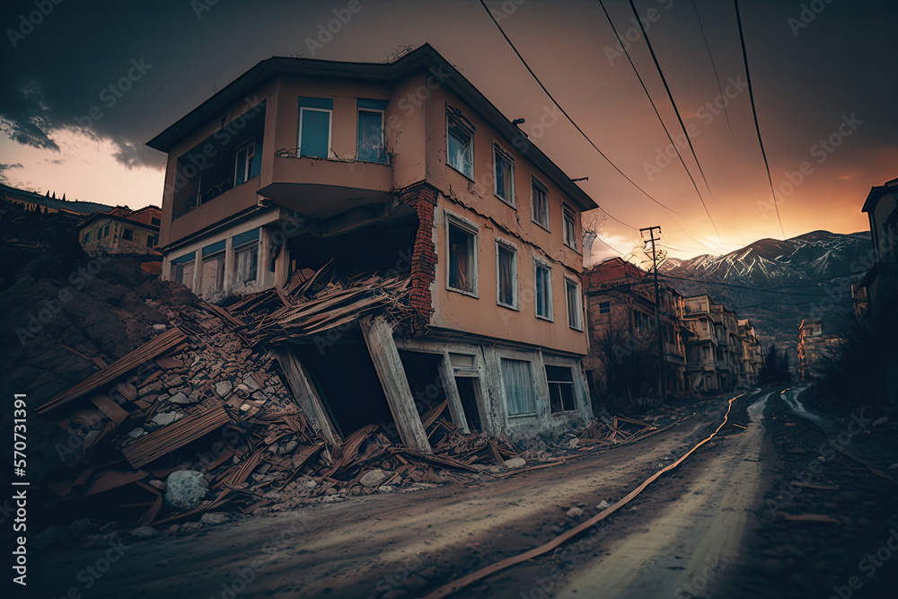 Consequences after the earthquake, collapse, natural disasters. Illustrations Generative AI