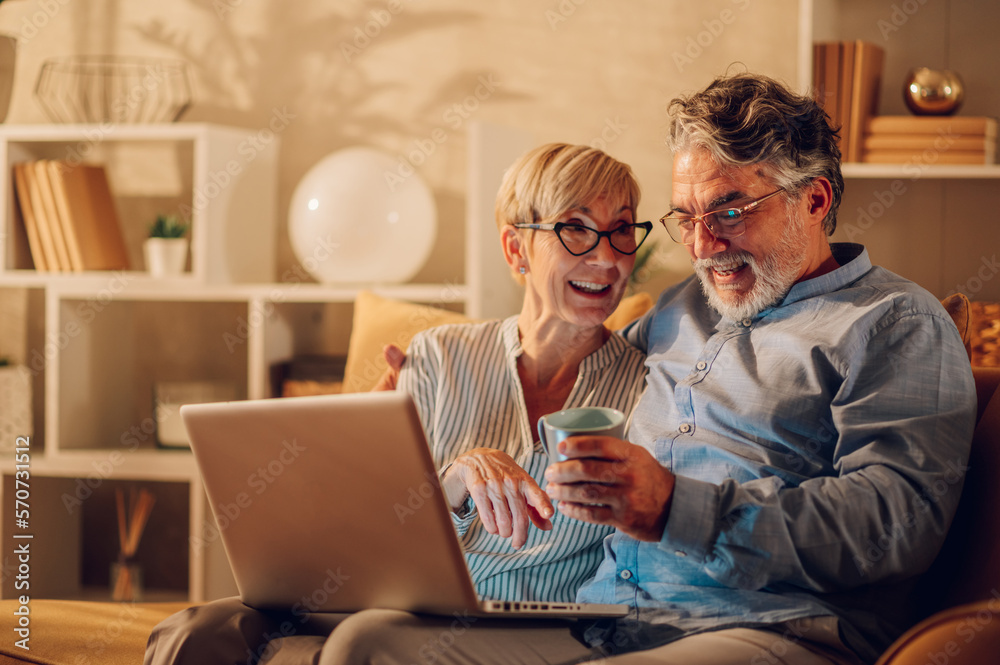 Senior couple using laptop while sitting on a couch at home Senior couple using laptop while sitting on a couch at home