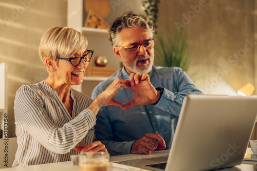 Senior couple using a laptop at home while having a video call