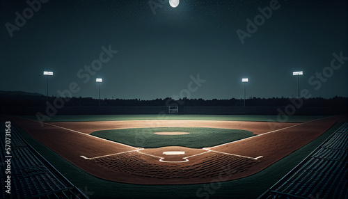 Fictional Dark and Quiet Baseball Diamond with Empty Stands at Night photo