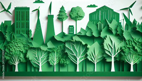 Green leaf image in the paper art style with trees, generative ai