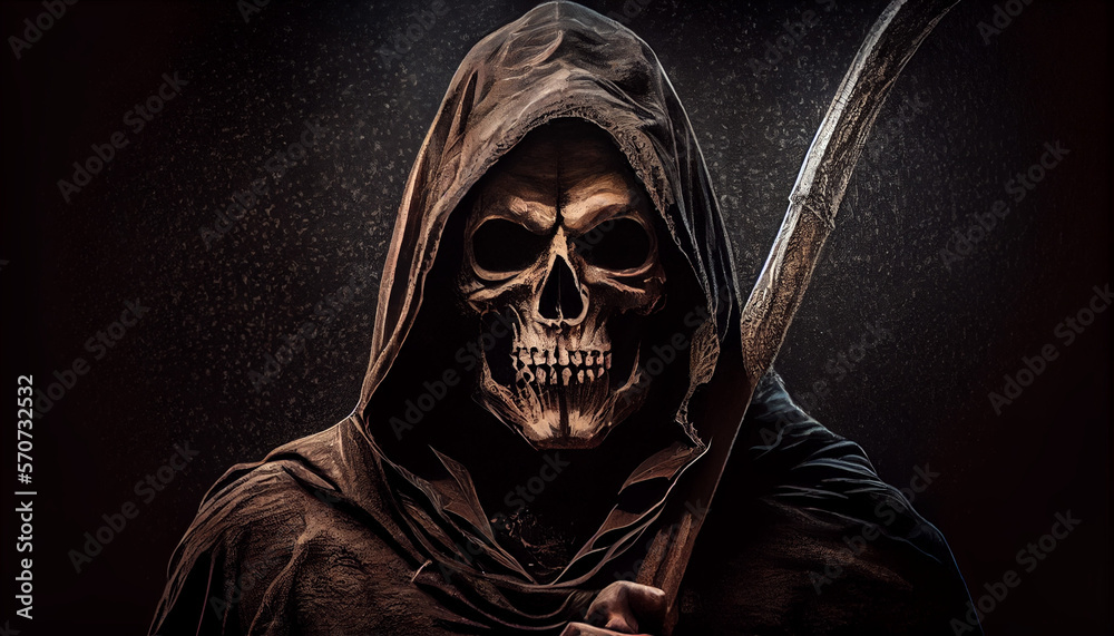 The grim reaper with a scythe portrait of the teath, generative ai The grim reaper with a scythe portrait of the teath, generative ai