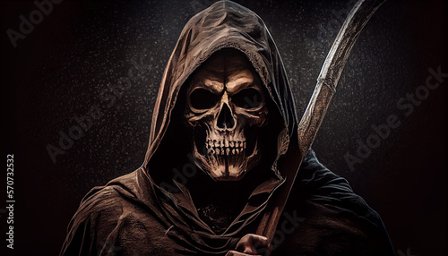 The grim reaper with a scythe portrait of the teath, generative ai