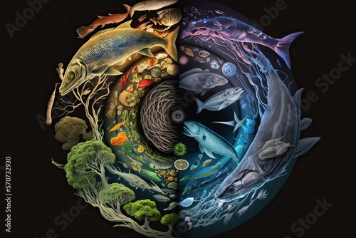 Abstract representation of the food chain showing different species and their relationships with colors and textures, concept of Trophic Levels and Food Web, created with Generative AI technology photo