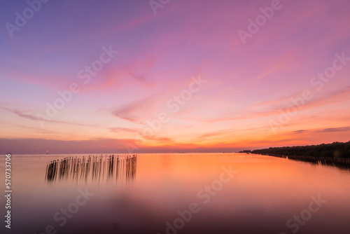 Landscape of sea coast during twilight time. Evening sunset.