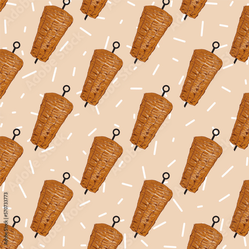 Shawarma Kebab pattern fast food. Seamless pattern. Concept of doner kebab, street food, barbecue, cuisine. Vintage design template, banner. Fresh vegetables. Vector hand drawn sketch illustration.