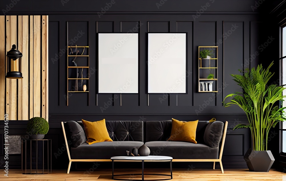 Fototapeta premium Interior design of modern living room with dark gray sofa and wall, copy space frames - generative ai