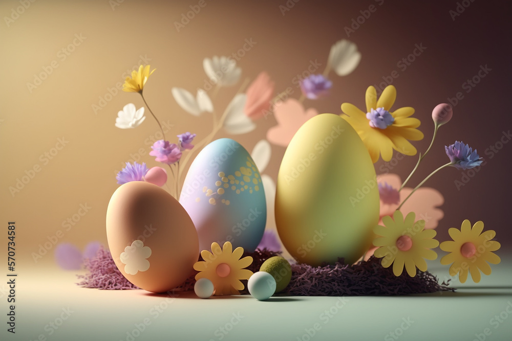 Colorful soft spring Easter background with painted eggs, generative ai