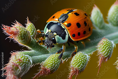 close up shot of a ladybug in a plant infested with aphid, acting as a natural pest control, generative AI