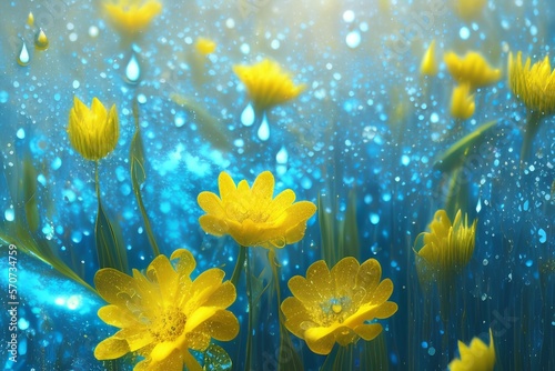 yellow flowers on blue background - Generate AI