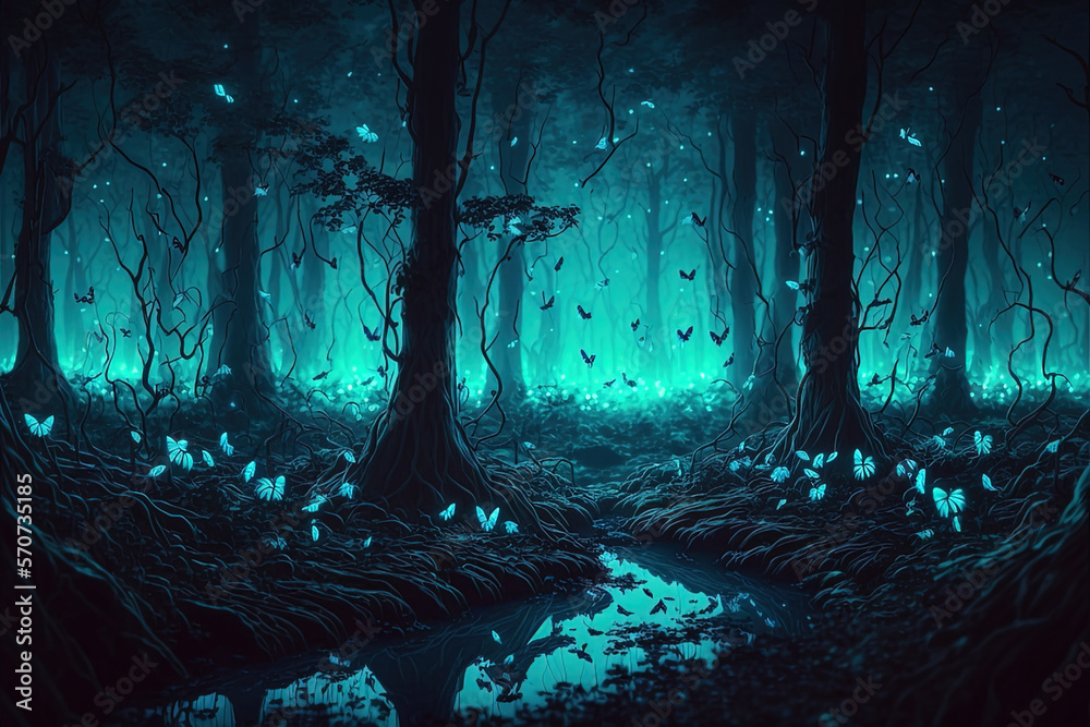 Bioluminescence infused forest scene at night 