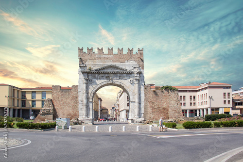 Beautiful view of the Arch of Emperor Augustus in Rimini, Italy