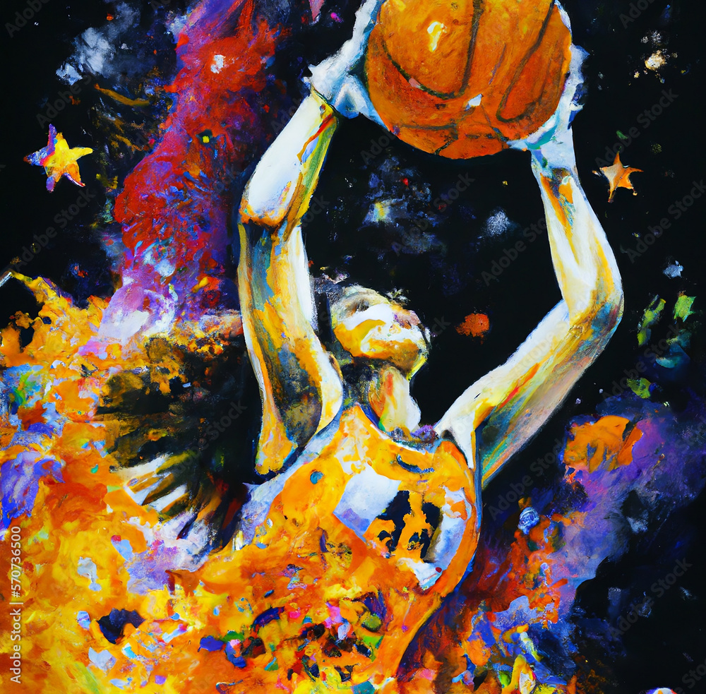 an expressive oil painting of a basketball player dunking, depicted as
