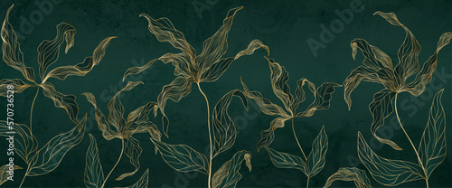 Abstract luxury art background with exotic flowers and leaves in line style. Botanical tropical banner with hand drawn floral pattern for wallpaper, textile, print, interior design.