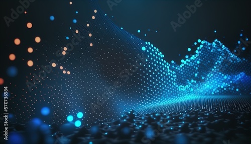 Abstract background of connected blue points. cyber particle waves. Big data stream. neon gradient. Grid illustration created with generative ai technology
