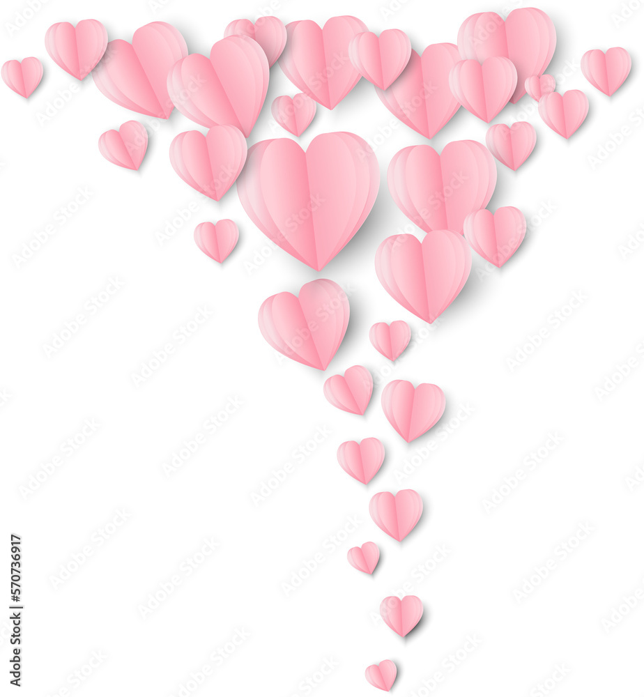Paper art of love and Origami made shape of heart on pastel pink flying with copy space.Mother's Day,Happy Women,Vector Valentine's Day and paper cut concept.