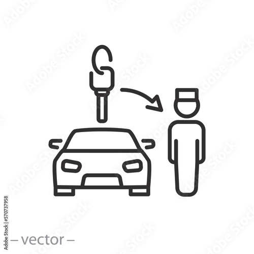 hotel parking icon, valet boy service, give key parking attendant, thin line symbol on white background - editable stroke vector illustration eps10 photo