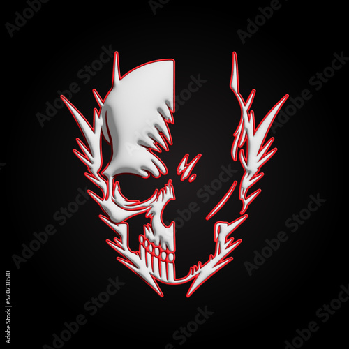 3d skull logo Design with red stoke and Black and white, skull illustration