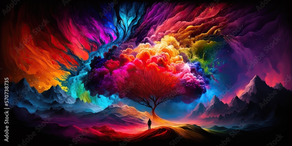 burst of vibrant colors representing the magic and wonder that exist in world waiting to be discovered and experienced, concept of Awe-Inspiring and Joyful, created with Generative AI technology