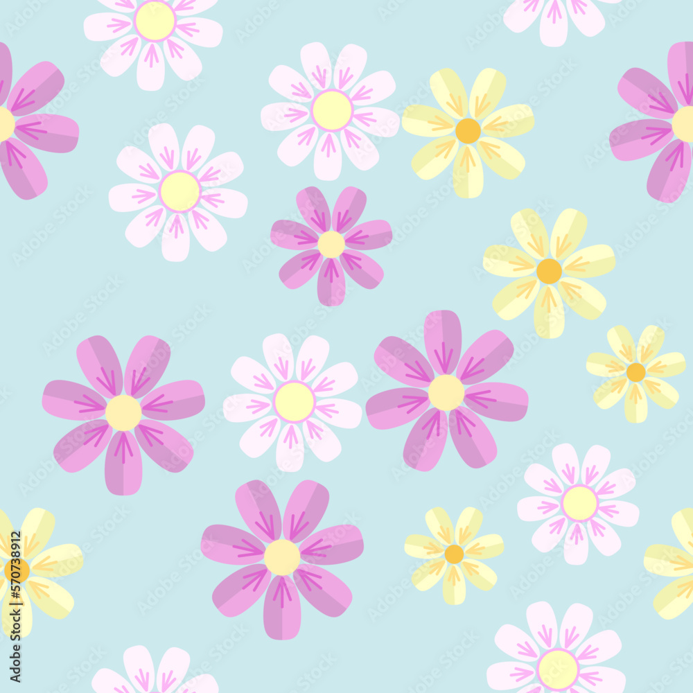 Multicolored Flowers On Blue Squares. Seamless Patterns Background. Vector Illustration. Tablecloth, Picnic mat wrapper. Multicolored Flowers On Blue Squares. Seamless Patterns Background. Vector Illustration. Tablecloth, Picnic mat wrapper.