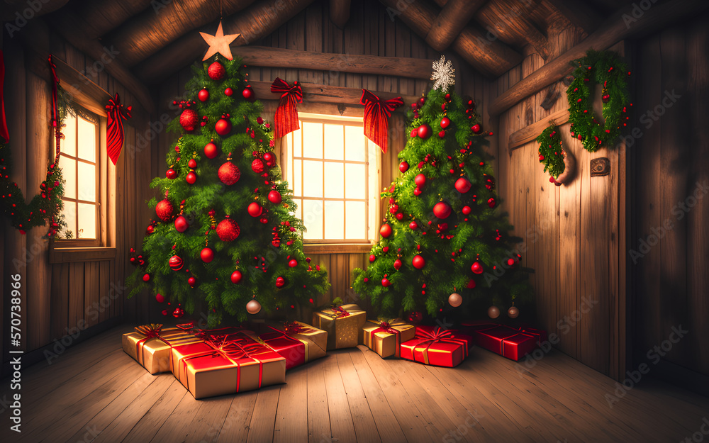 Christmas tree with gifts underneath in cozy domestic interior. Generative Al Illustration.