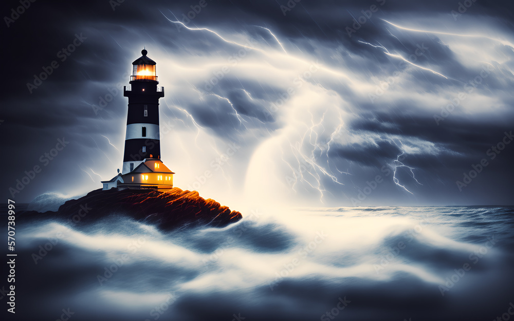 Lighthouse on the rock in heavy storm. Generative Al Illustration.