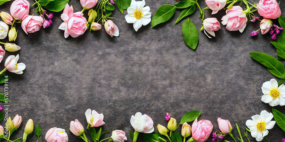 Spring flowers frame. Gray textured background with large middle centered copy space. Generative AI