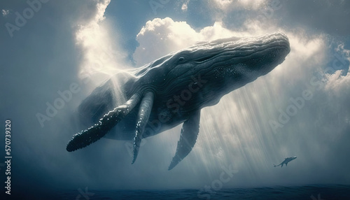 illustration of an alien animal resembling a humpback whale flying among the clouds.