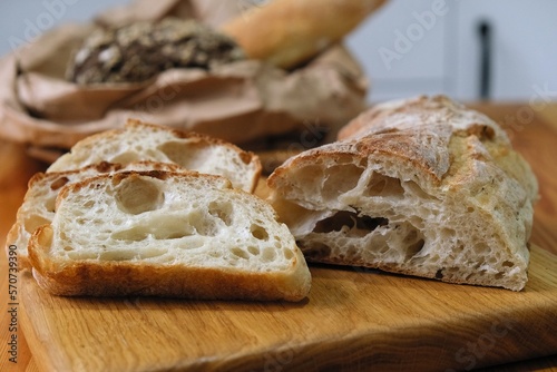 sliced ciabatta on a wooden board