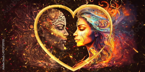 Esoteric Love spiritual couple , gold heart shape and sparkles ,astrology concept ,generated ai