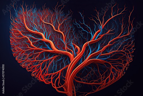 Representation of circulation of blood with bright red and blue veins and arteries, concept of Vascular System and Circulatory System, created with Generative AI technology photo