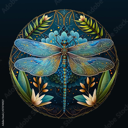 Colorful, detailed dragonfly mandala art on a black background. Created with Generative AI technology.